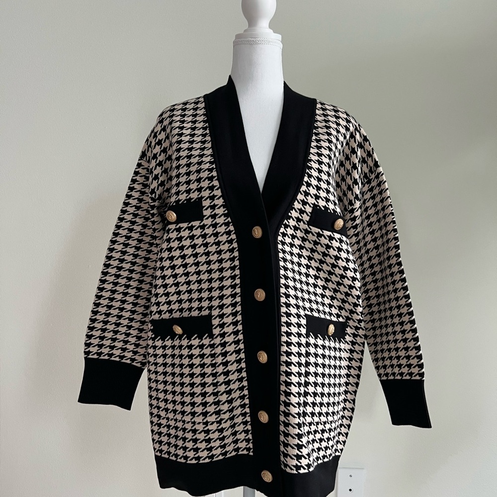 Sandro Houndstooth Cardigan with Gold Accents